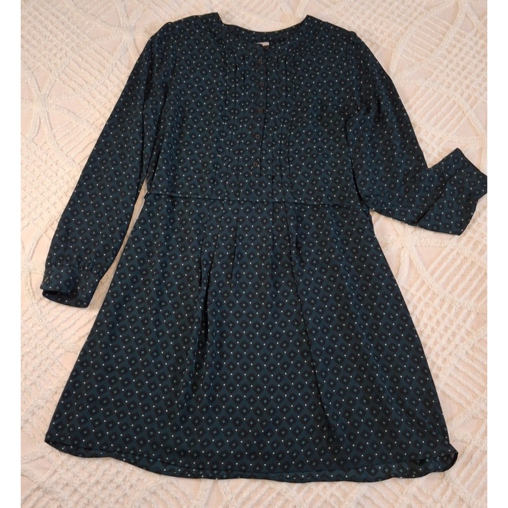 LOFT Women Medium Dress Teal Black Geometric Pintuck Long Sleeve Waist Tie